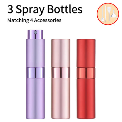 3Pcs+4 Accessories 8ML Perfume Spray Bottle with 3 Spray Bottles, 1 Funnel, 1 Straw, 1 Dispenser, 1 Spring Straw