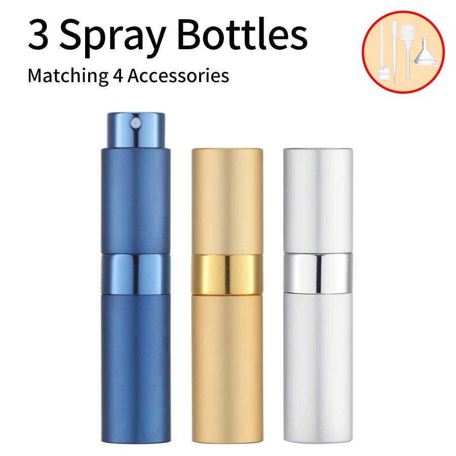 3Pcs+4 Accessories 8ML Perfume Spray Bottle with 3 Spray Bottles, 1 Funnel, 1 Straw, 1 Dispenser, 1 Spring Straw