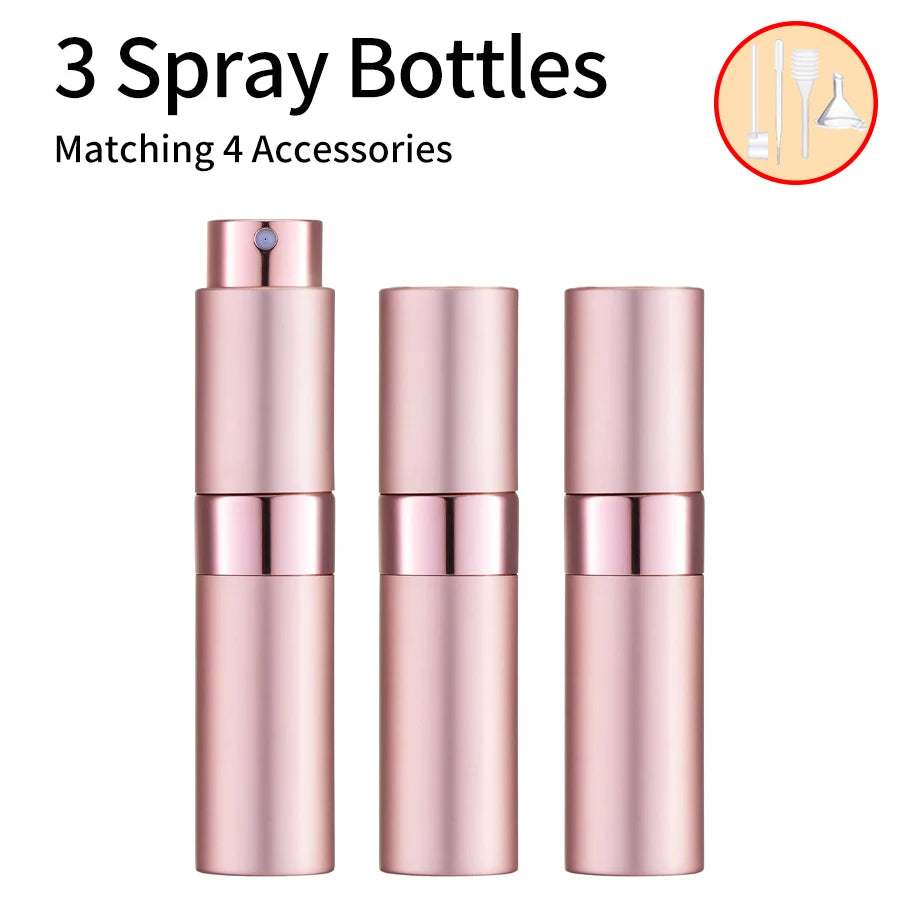 3Pcs+4 Accessories 8ML Perfume Spray Bottle with 3 Spray Bottles, 1 Funnel, 1 Straw, 1 Dispenser, 1 Spring Straw