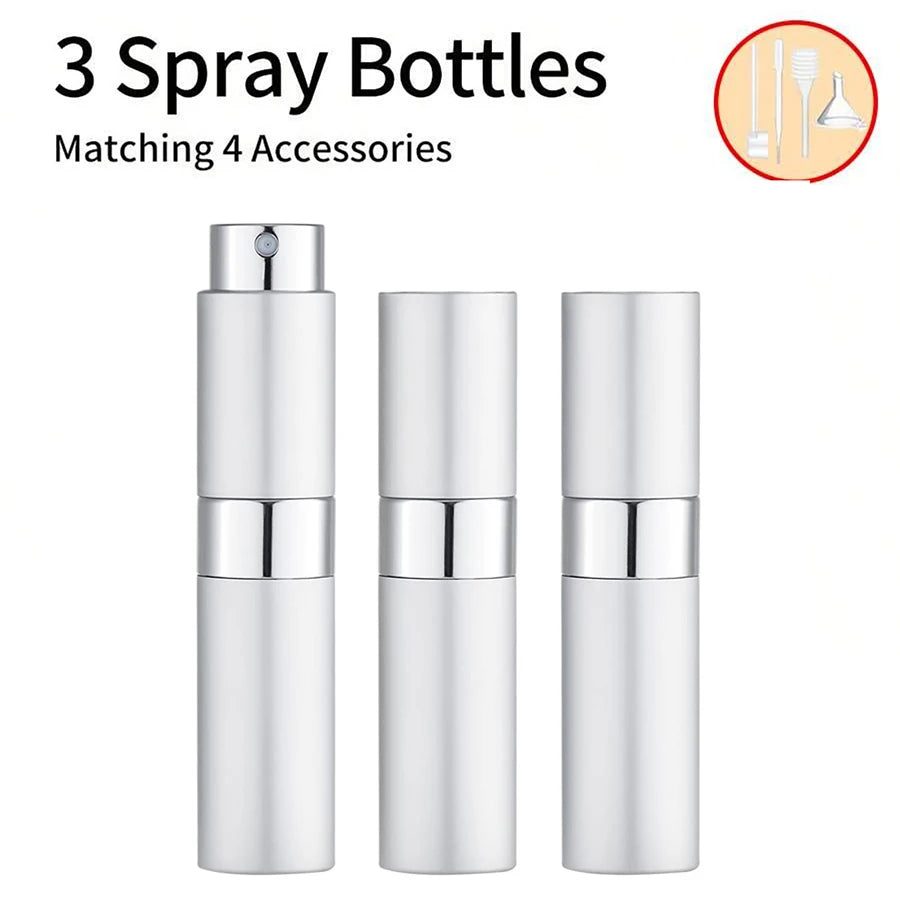 3Pcs+4 Accessories 8ML Perfume Spray Bottle with 3 Spray Bottles, 1 Funnel, 1 Straw, 1 Dispenser, 1 Spring Straw