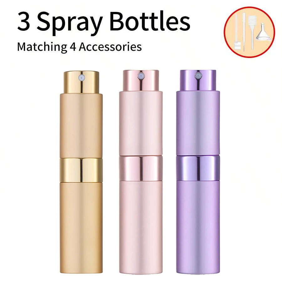 3Pcs+4 Accessories 8ML Perfume Spray Bottle with 3 Spray Bottles, 1 Funnel, 1 Straw, 1 Dispenser, 1 Spring Straw