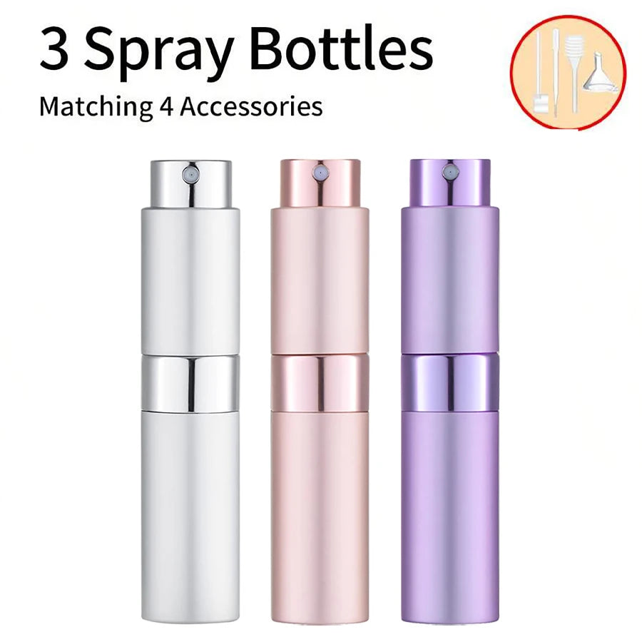 3Pcs+4 Accessories 8ML Perfume Spray Bottle with 3 Spray Bottles, 1 Funnel, 1 Straw, 1 Dispenser, 1 Spring Straw