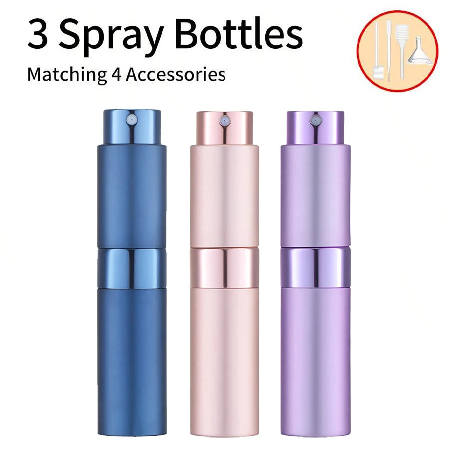 3Pcs+4 Accessories 8ML Perfume Spray Bottle with 3 Spray Bottles, 1 Funnel, 1 Straw, 1 Dispenser, 1 Spring Straw